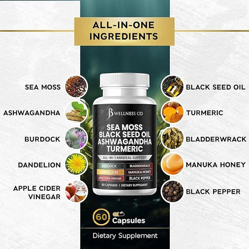 Sea Moss 3000mg Black Seed Oil 2000mg Ashwagandha 1000mg Turmeric 1000mg Bladderwrack 1000mg Burdock 1000mg & D3 with 120 ...