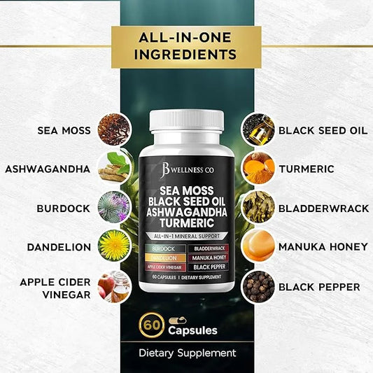 Sea Moss 3000mg Black Seed Oil 2000mg Ashwagandha 1000mg Turmeric 1000mg Bladderwrack 1000mg Burdock 1000mg & D3 with 120 ...