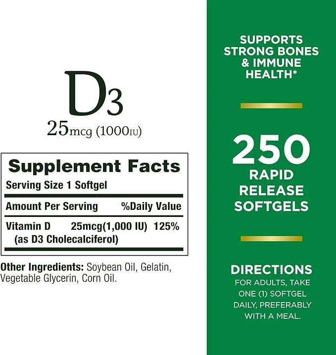 Nature's Bounty Vitamin D3 1000 IU, 250 Rapid