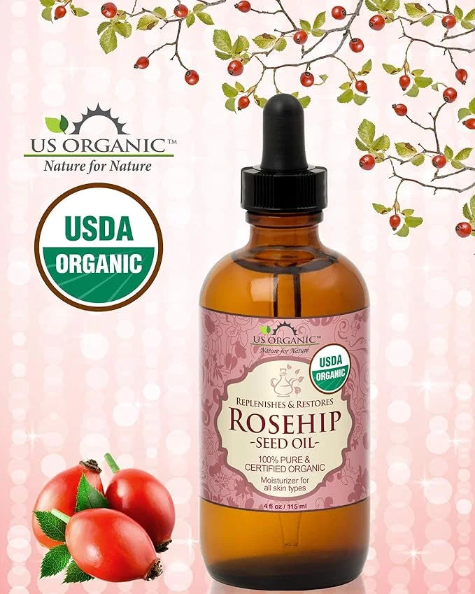 US Organic Rosehip Seed Oil, USDA Certified Organic, Cold Pressed, Virgin Organic, Amber Glass Bottle and Glass Eye Droppe...