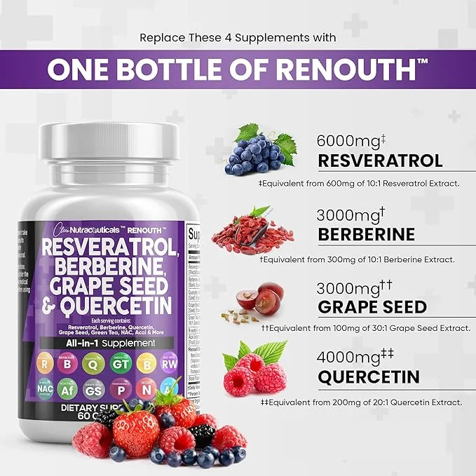 Resveratrol 6000mg Berberine 3000mg Grape Seed 3000mg Quercetin 4000mg Green 60 Capsules