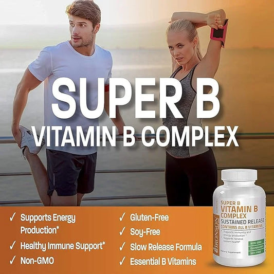 Bronson Super B Vitamin B Complex B1, B2, B2, B3, B3, B6, B6, B9 B9 - B12) Contains 250 Tablets