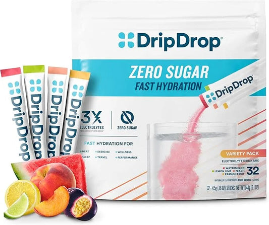 DripDrop Hydration - Zero Sugar Classic Variety Pack - Electrolyte Drink Mix Powder Packets - Lemon Lime, Watermelon, Peac...