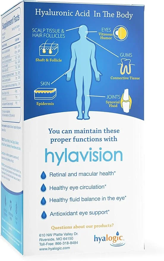 Hyalogic HylaVision Eye Health Supplement - Hyaluronic Acid, Lutein and Zeaxanthin Supplements – Contains Eye Vitamins A, ...