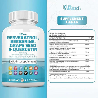 60 Capsules Resveratrol 6000mg Berberine 3000mg 3000mg Quercetin 4000mg Green
