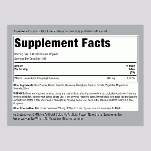 Piping Rock Dry Vitamin E 400 IU 268mg | 100 Capsules