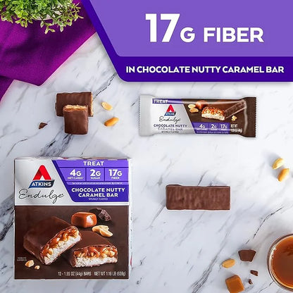 Atkins Endulge Chocolate Nutty Caramel Bar, Dessert Favorite, 2g Sugar, High in Fiber, Keto Friendly, 12 Count - Product I...