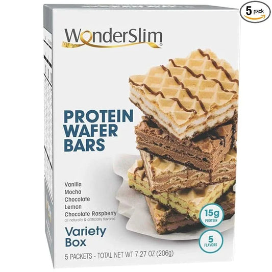 WonderSlim Protein Wafer Snack Bar, Variety Pack, 15g Protein, 5 Flavors, 0mg Cholesterol (5ct) - Product Image