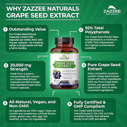 Zazzee High Strength Grape Seed 50:1 20,000 mg 180 Vegan 95% Polyphenols, 6 Month 50X Extract, 400 mg