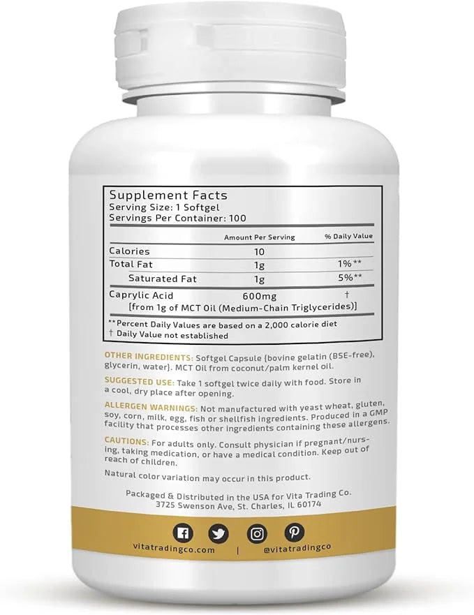 VTC VitaTradingCo. C8 MCT Oil Capsules | Naturally Derived Caprylic C8 Supplement | Coconut Oil Pills | Sustained Energy |...