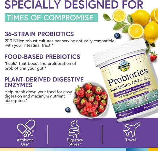 Terranics Daily Probiotics for Men & 200 Billion 36 Strains 60 Veggie