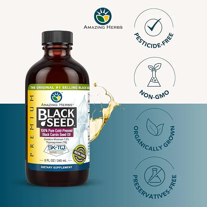 Amazing Herbs Premium Black Seed Oil - Cold Pressed Nigella Sativa Aids in Digestive Health, Immune Support, Brain Functio...