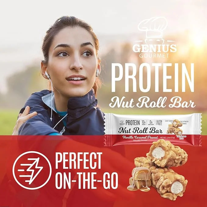 Genius Gourmet Protein Nut Roll Bars Vanilla Caramel Peanut - 10g Protein, Zero Added Sugar, Gluten Free, Non-GMO - Sweet ...