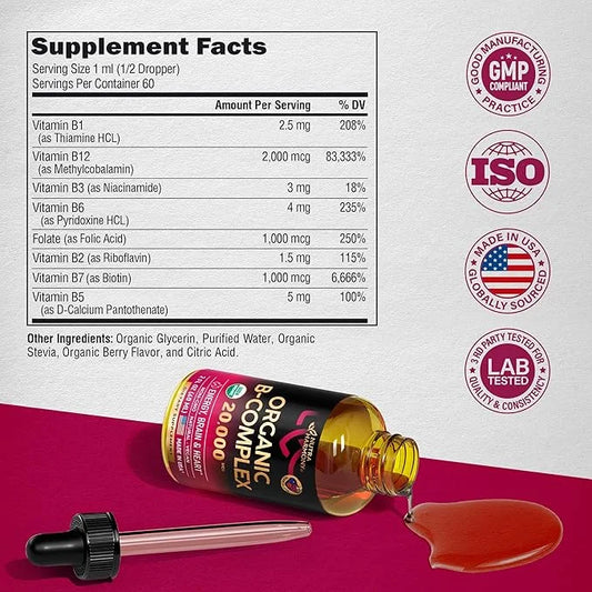 USDA Organic Vitamin B-Complex B5 Pantothenic Acid B12 Methylcobalamin B1 Thiamine B6 Pyridoxine B7 Biotin B9 Folic B3 Nia...