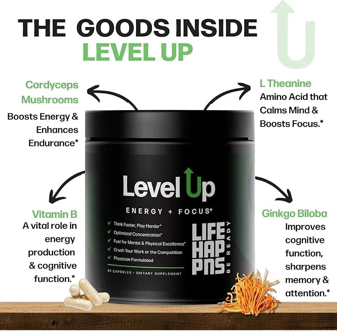 Life Happns Level Up Energy and Focus Supplement with Lions Mane, Ginkgo Biloba, L Theanine, Cordyceps Mushroom, Vitamin B...