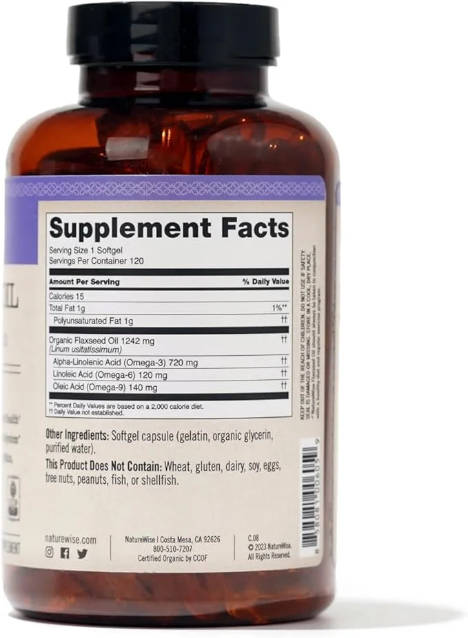NatureWise Flaxseed Oil 1200mg Softgels 720mg ALA, 3 6 6 9, 9, Supplement 120 Softgels[2-Month Softgels[2-Month Supply]