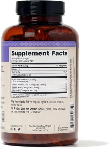 NatureWise Flaxseed Oil 1200mg Softgels 720mg ALA, 3 6 6 9, 9, Supplement 120 Softgels[2-Month Softgels[2-Month Supply]