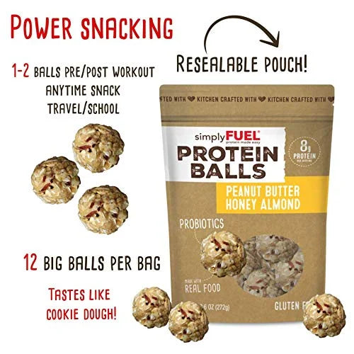 Whole Food Protein Balls with Probiotics - Peanut Butter Honey Almond Snacks - 8g Protein Snack - Gluten Free Energy Balls...