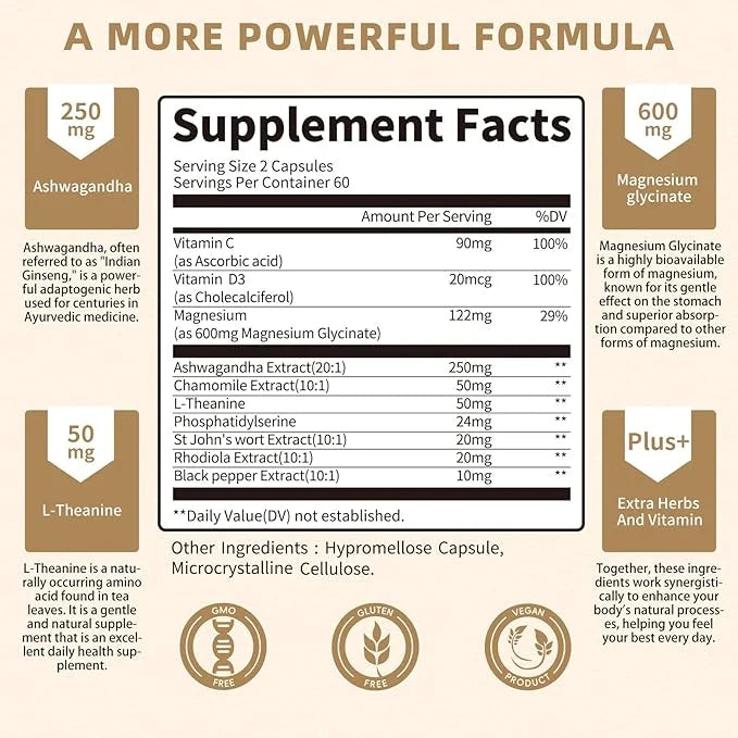 10-in-1 Cortisol Supplements with Magnesium, Ashwagandha, Chamomile, L-Theanine, Phosphatidylserine, St. John's Wort, Rhod...