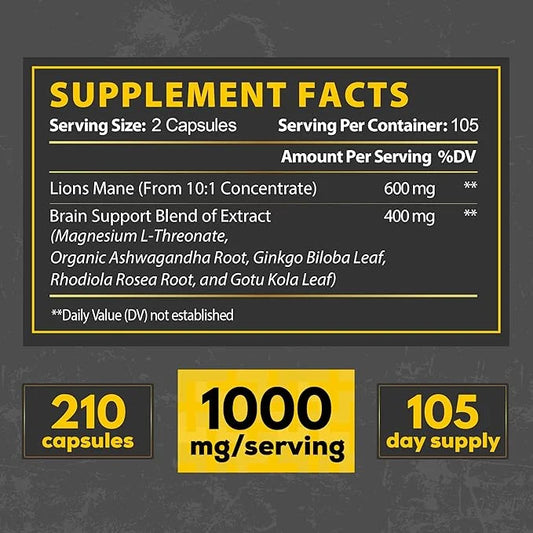 Lions Mane Supplement Capsules with Magnesium 210 Vegan