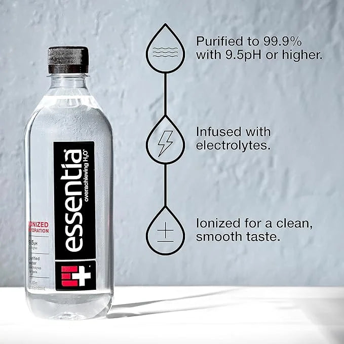 Essentia Water LLC; Ionized Alkaline Bottled Water; 99.9% Pure; 9.5 pH or Higher; Consistent Quality in Every BPA and Phth...