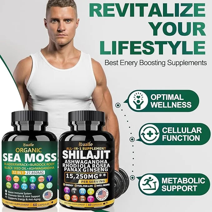 Sea Moss and Shilajit Bundle 60 Count 18000mg, Black 4000mg, Ashwagandha 1000mg, Ginger 9000mg, Rhodiola 1000mg, All 1 Sup...