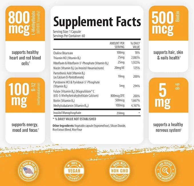 1 Body Vitamin B Complex – 5-MTHF Folate B1, B2, B2, B5, B5, B6, B6, Methyl B12, Niacin,