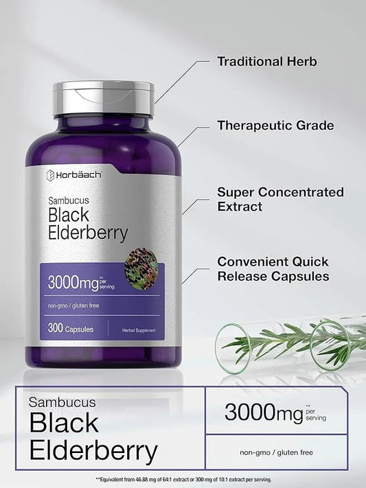 Horbäach Black Elderberry 3000mg Capsules 300 Count