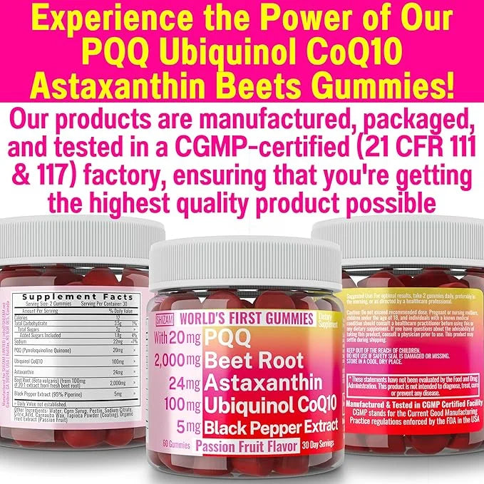Ubiquinol CoQ10 PQQ Astaxanthin Beets Gummies, CQ-10 CO-Q10 CO-Q10 Q CO-10 CQ10 CQ10 C0Q10 C0Q10 Bioperine 20mg 40mg 40mg ...
