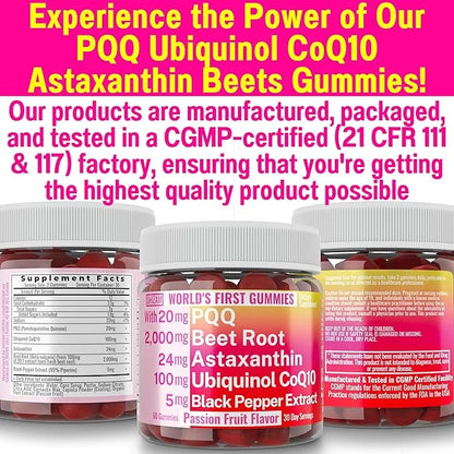 Ubiquinol CoQ10 PQQ Astaxanthin Beets Gummies, CQ-10 CO-Q10 CO-Q10 Q CO-10 CQ10 CQ10 C0Q10 C0Q10 Bioperine 20mg 40mg 40mg ...