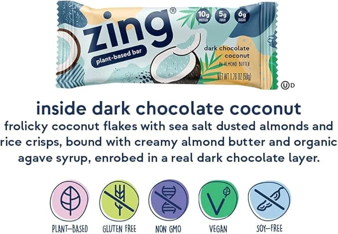 Zing Dark Chocolate Coconut Vegan Protein Bars, Gluten Free with High Protein, High Fiber, Dairy Free Nutrition Bars, Plan...