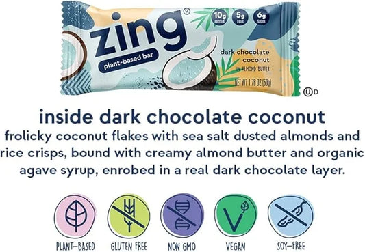 Zing Dark Chocolate Coconut Vegan Protein Bars, Gluten Free with High Protein, High Fiber, Dairy Free Nutrition Bars, Plan...