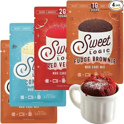 Sweet Logic Keto Mug Cake Mix - Variety Pack w/Red Velvet, 2 Fudge Brownie, Confetti - Just Add Water - Low Sugar - Gluten...