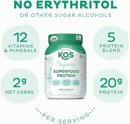 KOS Vegan Protein Powder, Unflavored & Unsweetened 28 Servings