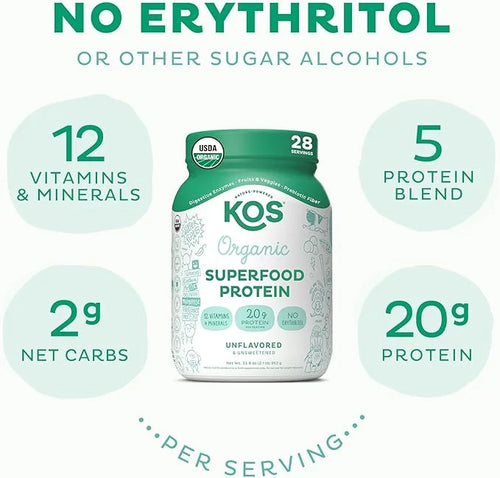 KOS Vegan Protein Powder, Unflavored & Unsweetened 28 Servings