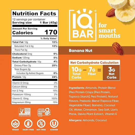 IQBAR Brain and Body Plant Protein Bars - Banana Nut - 36-Count Low Carb - Gluten Free, High Fiber, Vegan Snacks - Low Sug...