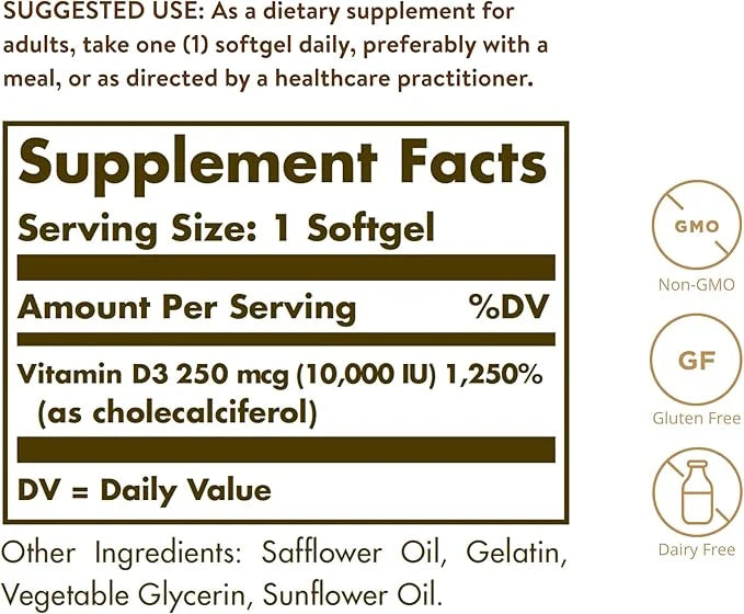 Solgar Vitamin D3 Cholecalciferol 250 MCG 10000 IU 180 Count