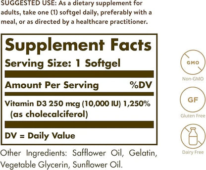 Solgar Vitamin D3 Cholecalciferol 250 MCG 10000 IU 180 Count