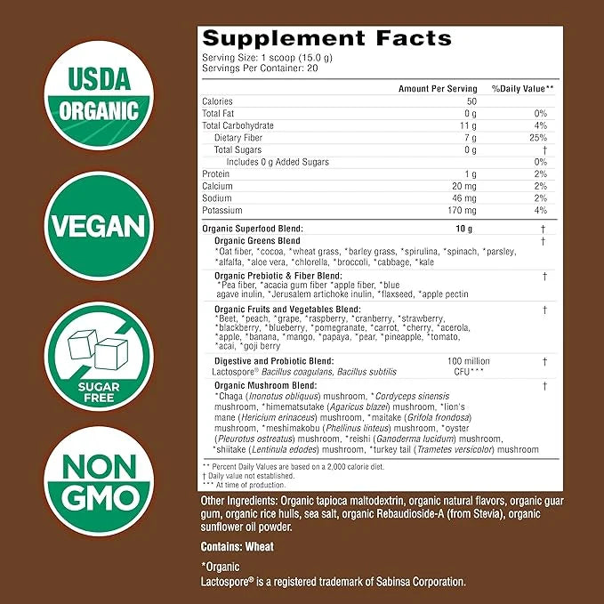 COUNTRY FARMS Organic Super Greens Chocolate Flavor, 50 Organic Super Foods, USDA Organic Drink Mix, Packed with Fiber, Fr...