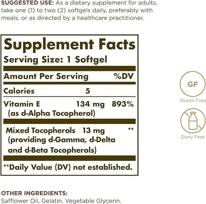SOLGAR Vitamin E 200 IU 100 Softgels 100 Servings