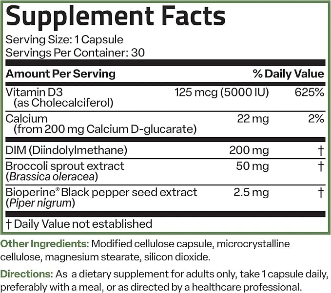 Bronson DIM Balance+ Calcium D-Glucarate, Broccoli Sprouts and Vitamin D3 200 MG of DIM per Capsule Supports Estrogen Meta...