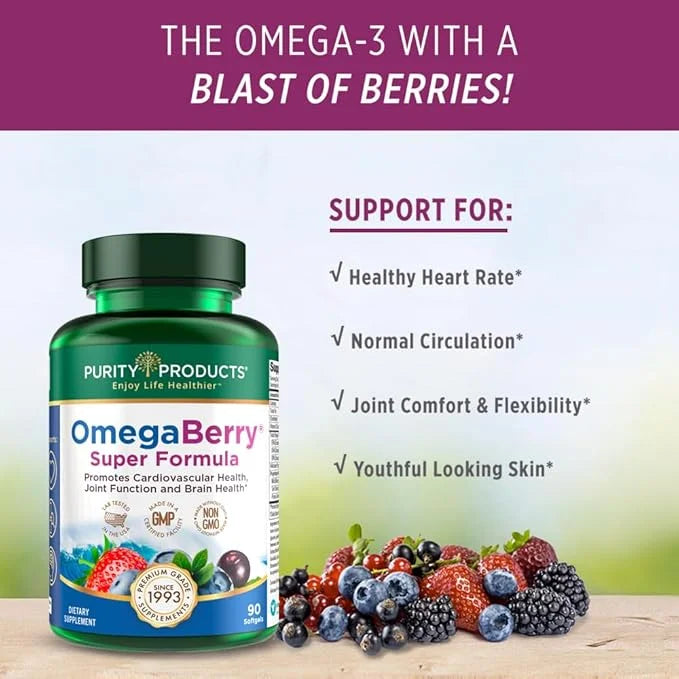 Purity Products OmegaBerry Fish Oil w/Vitamin D3 + 1875 mg Omega-3s 1080 1080 mg 720mg DHA 120 mg 90 Count