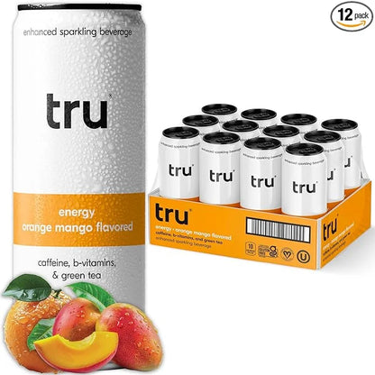 Tru Energy Seltzer, Clean Energy Drink with B-Vitamins, Mango Flavor, Sparkling Water, 100mg Natural Caffeine, Kosher, Glu...