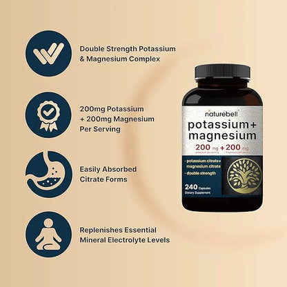 Potassium Magnesium Supplement – Potassium 200 mg + Magnesium 200 mg | 240 Capsules – Easily Absorbed Citrate Forms – Musc...