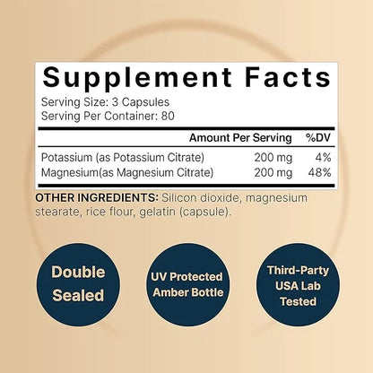 Potassium Magnesium Supplement – Potassium 200 mg + Magnesium 200 mg | 240 Capsules – Easily Absorbed Citrate Forms – Musc...