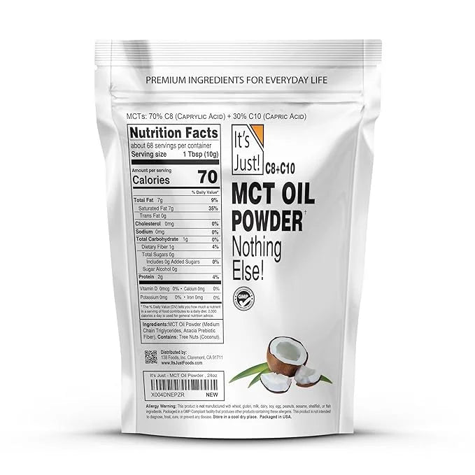 It's Just - MCT Oil Powder w/Prebiotic Fiber (1.5lbs) 70% C8 + 30% C10, Fast Fuel for Body & Brain Health, Keto Coffee Cre...