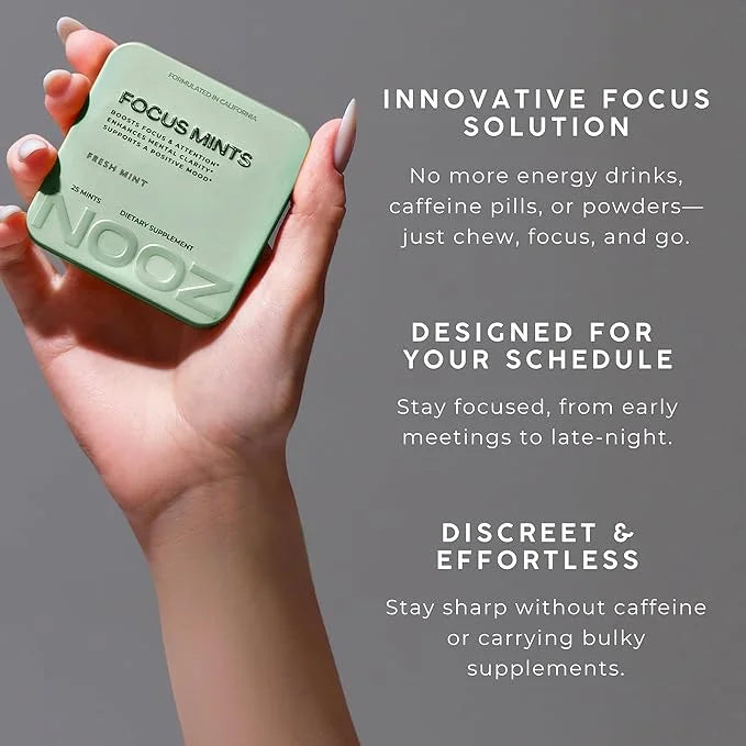 NOOZ Focus Mints - Caffeine-Free Brain Booster for Mental Clarity - Fresh Mint Flavor | Sugar-Free, Travel-Friendly Supple...