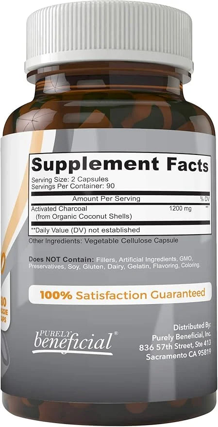 Activated Coconut Charcoal 1200mg, 180 Capsules - Pills for Digestive System, Bloating, Vegan (1bottle) - Product Image