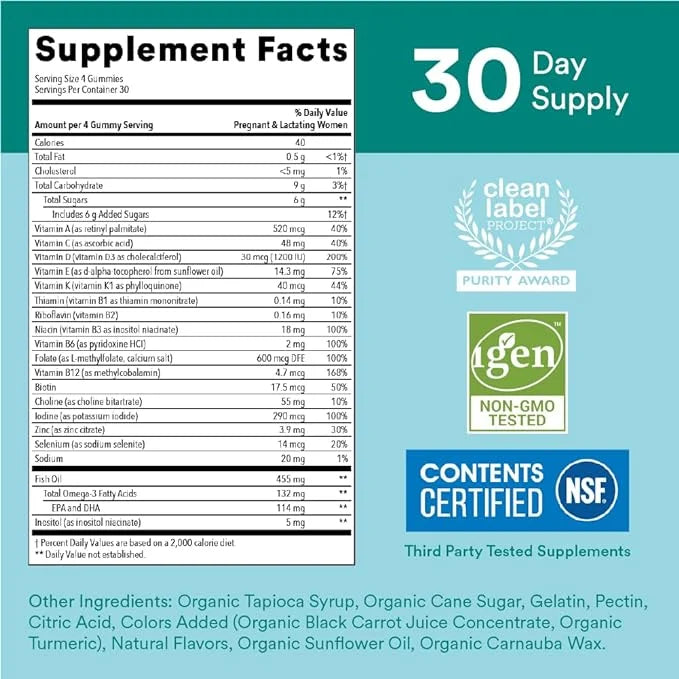 SmartyPants Prenatal Vitamins for Women, Multivitamin 3 Fish D3, C, B12, B6, B6, Vitamin 120 Count (30 Day