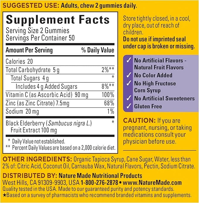Nature Made Elderberry with Vitamin C 100 Gummies, 50 Day